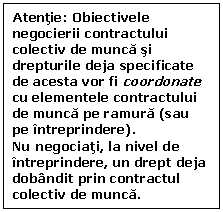 Text Box: Atentie: Obiectivele negocierii contractului colectiv de munca si  drepturile deja specificate de acesta vor fi coordonate cu elementele contractului de munca pe ramura (sau pe intreprindere).
Nu negociati, la nivel de intreprindere, un drept deja dobandit prin contractul colectiv de munca.

