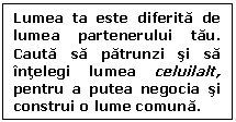 Text Box: Lumea ta este diferita de lumea partenerului tau. Cauta sa patrunzi si sa intelegi lumea celuilalt, pentru a putea negocia si construi o lume comuna.