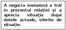 Text Box: A negocia inseamna a trai in prezentul relatiei si a aprecia situatia dupa datele actuale, oferite de situatie.