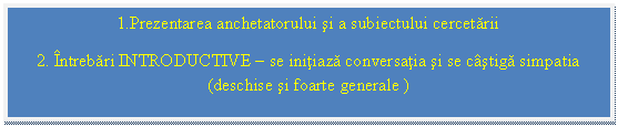 Text Box: 1.Prezentarea anchetatorului si a subiectului cercetarii
2. Intrebari INTRODUCTIVE - se initiaza conversatia si se castiga simpatia (deschise si foarte generale )
