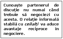 Text Box: Cunoaste partenerul de discutie nu numai cand trebuie sa negociezi cu acesta. O relatie informala stabila cu ceilalti  va aduce avantaje reciproce in negociere.