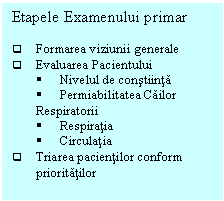 Text Box: Etapele Examenului primar  

q	Formarea viziunii generale
q	Evaluarea Pacientului
	Nivelul de constiinta
	Permiabilitatea Cailor Respiratorii
	Respiratia
	Circulatia
q	Triarea pacientilor conform prioritatilor 
