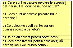 Text Box: a)  Care sunt aspectele pe care le apreciati cel mai mult la locul de munca actual? 

b)  Care sunt aspectele pe care nu le apreciati?

c) Ce obiective aveti pentru cariera dumneavoastra pe viitor?

d) De ce ati aplicat pentru acest post?
e) Care este motivul pentru care doriti sa parasiti locul de munca actual?
