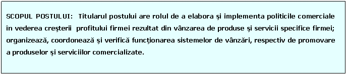 Text Box: SCOPUL POSTULUI: Titularul postului are rolul de a elabora si implementa politicile comerciale in vederea cresterii profitului firmei rezultat din vanzarea de produse si servicii specifice firmei; organizeaza, coordoneaza si verifica functionarea sistemelor de vanzari, respectiv de promovare a produselor si serviciilor comercializate.

