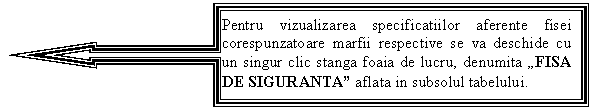 Left Arrow Callout: Pentru vizualizarea specificatiilor aferente fisei corespunzatoare marfii respective se va deschide cu un singur clic stanga foaia de lucru, denumita 