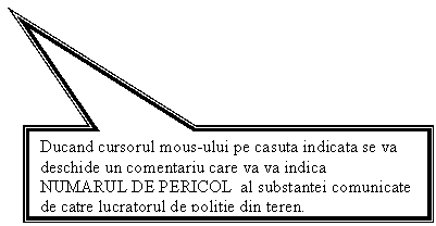 Rectangular Callout: Ducand cursorul mous-ului pe casuta indicata se va deschide un comentariu care va va indica NUMARUL DE PERICOL al substantei comunicate de catre lucratorul de politie din teren.