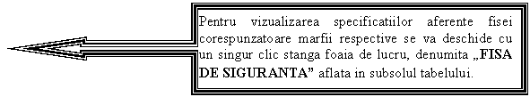 Left Arrow Callout: Pentru vizualizarea specificatiilor aferente fisei corespunzatoare marfii respective se va deschide cu un singur clic stanga foaia de lucru, denumita 